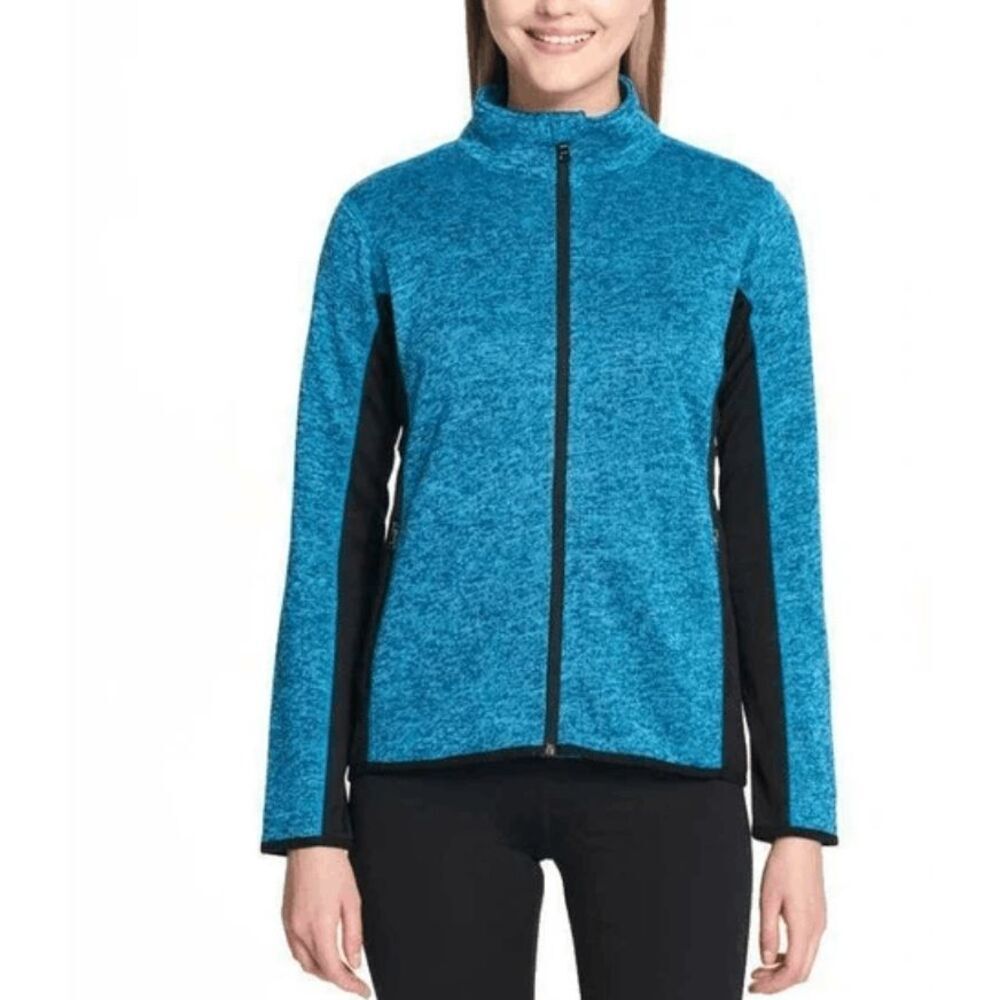 Andrew Marc MNYâ Sweater Jacket Full Zip Heathered Teal Black Large